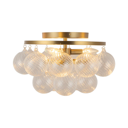 Faye Semi Flush Mount Ceiling Light in Brushed Gold/Clear Ribbed Glass.