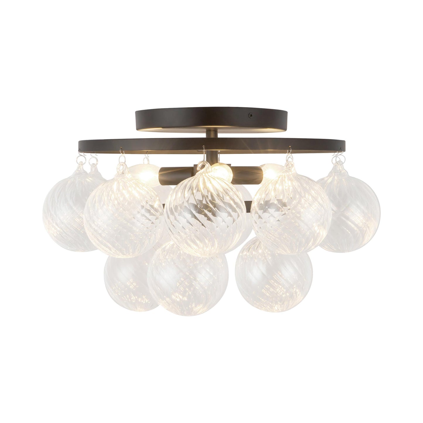 Faye Semi Flush Mount Ceiling Light in Matte Black/Clear Ribbed Glass.