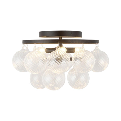 Faye Semi Flush Mount Ceiling Light in Matte Black/Clear Ribbed Glass.