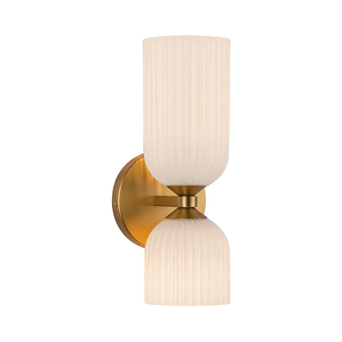 Nelly Bath Vanity Light in Brushed Gold/Glossy Ribbed Opal Glass.