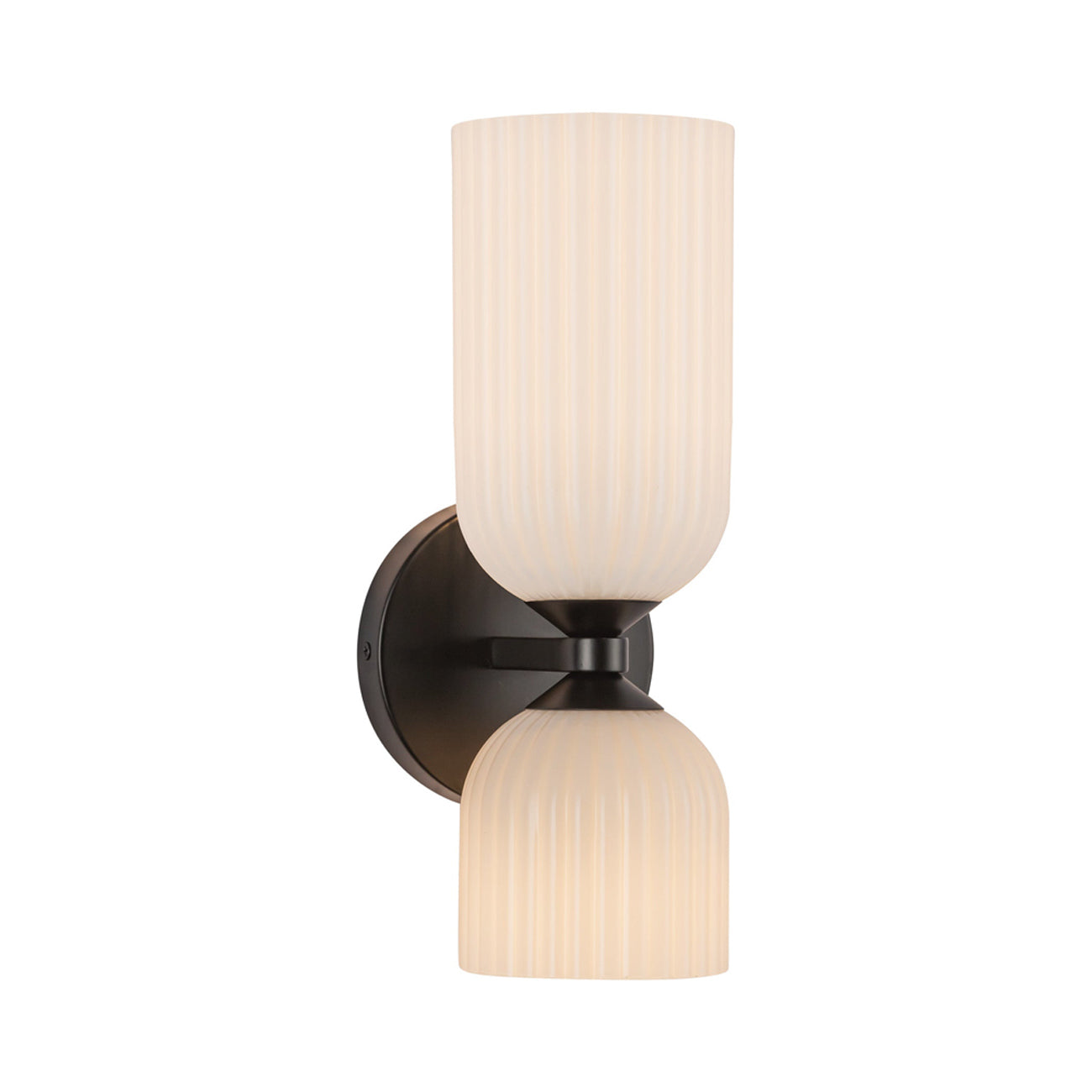 Nelly Bath Vanity Light in Matte Black/Glossy Ribbed Opal Glass.