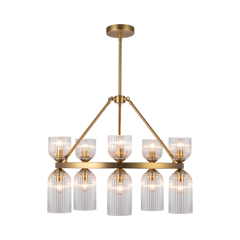 Nelly Chandelier in Brushed Gold/Clear Ribbed Glass.