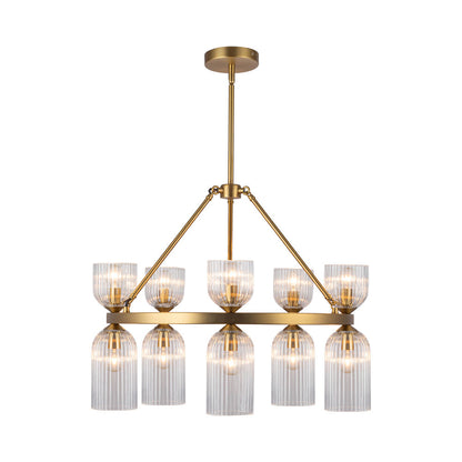 Nelly Chandelier in Brushed Gold/Clear Ribbed Glass.