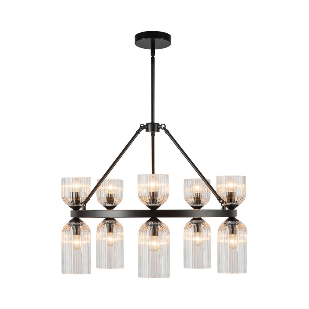 Nelly Chandelier in Matte Black/Clear Ribbed Glass.