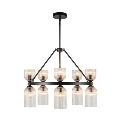 Nelly Chandelier in Matte Black/Clear Ribbed Glass.
