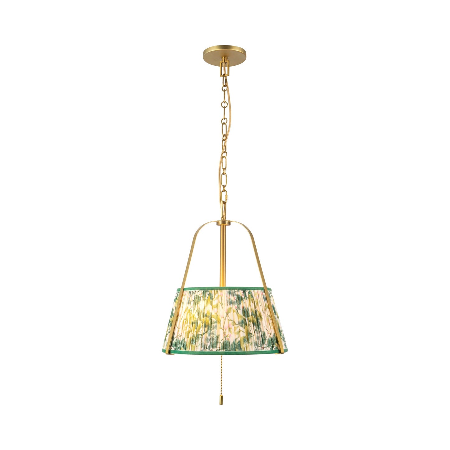Scout Pendant Light in Brushed Gold/Green Linen.