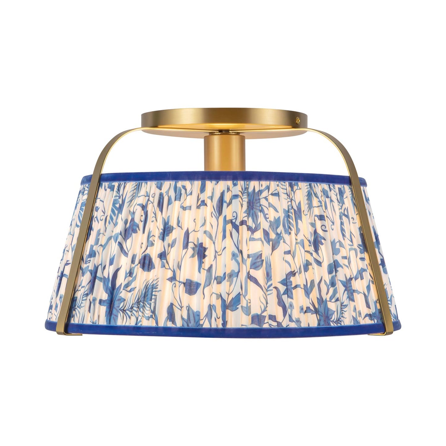 Scout Semi Flush Mount Ceiling Light in Brushed Gold/Blue Linen.