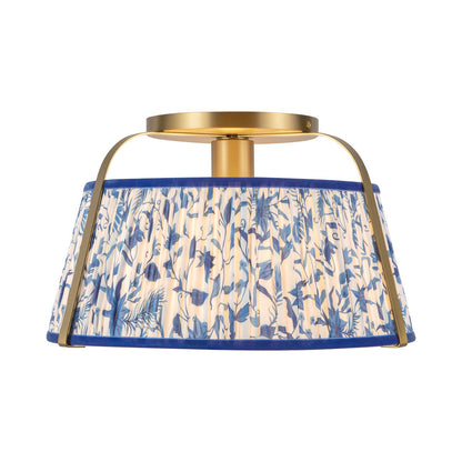 Scout Semi Flush Mount Ceiling Light in Brushed Gold/Blue Linen.