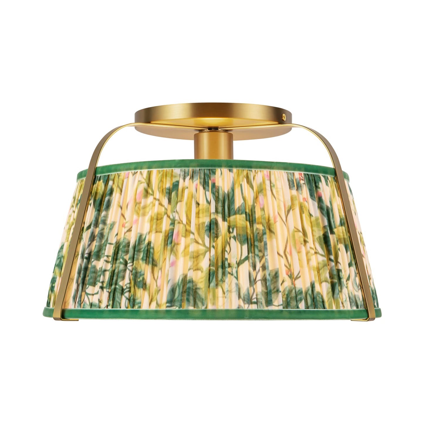 Scout Semi Flush Mount Ceiling Light in Brushed Gold/Green Linen.