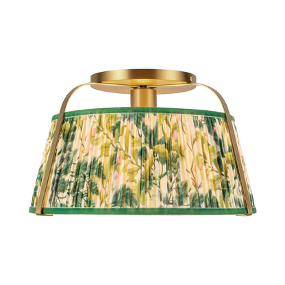 Scout Semi Flush Mount Ceiling Light in Brushed Gold/Green Linen.