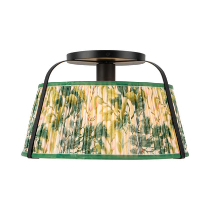 Scout Semi Flush Mount Ceiling Light in Matte Black/Green Linen.