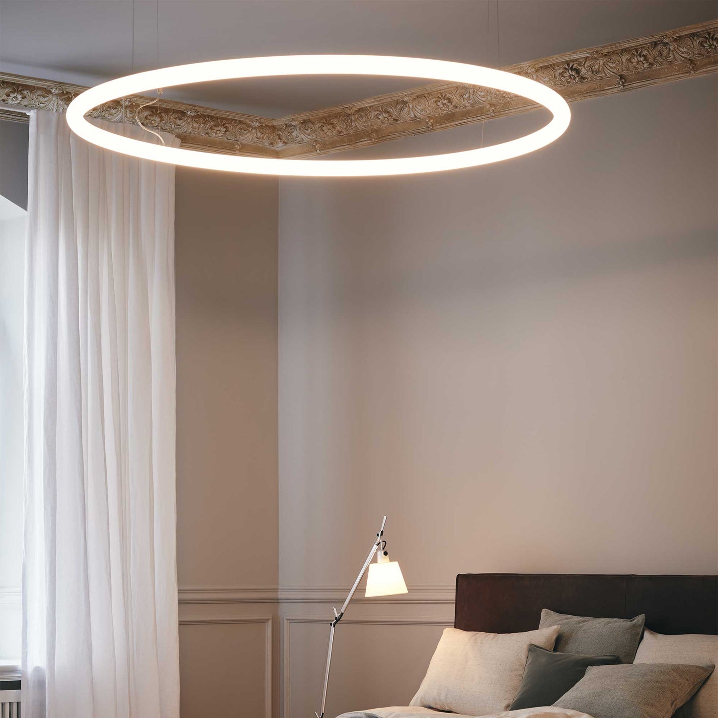 Alphabet of Light LED Circular Suspension Light in bedroom.