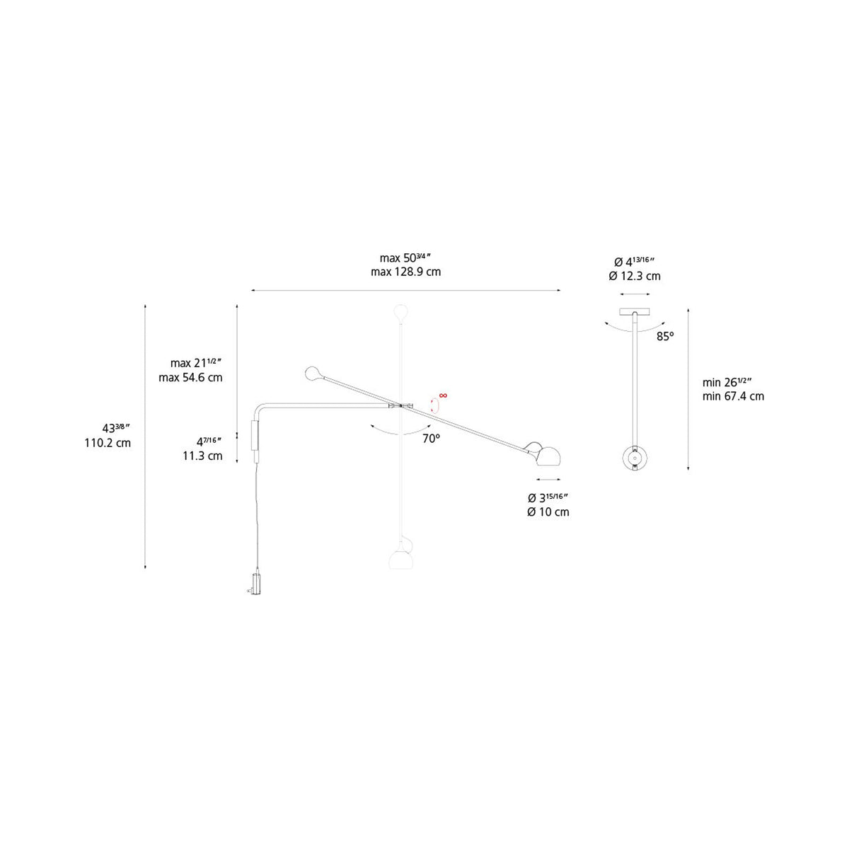 Ixa Arm LED Wall Light - line drawing.