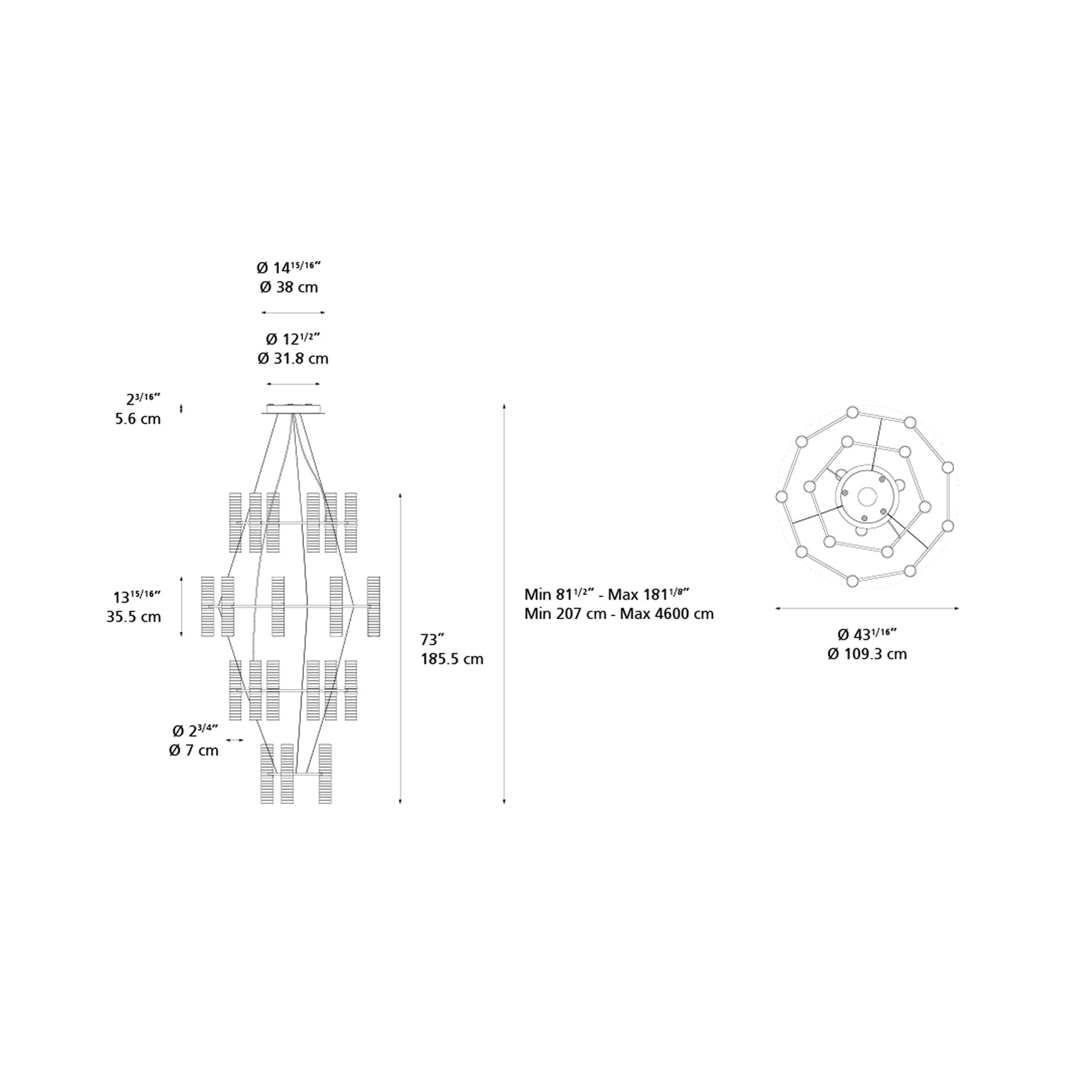 Zephyr LED Chandelier - line drawing.