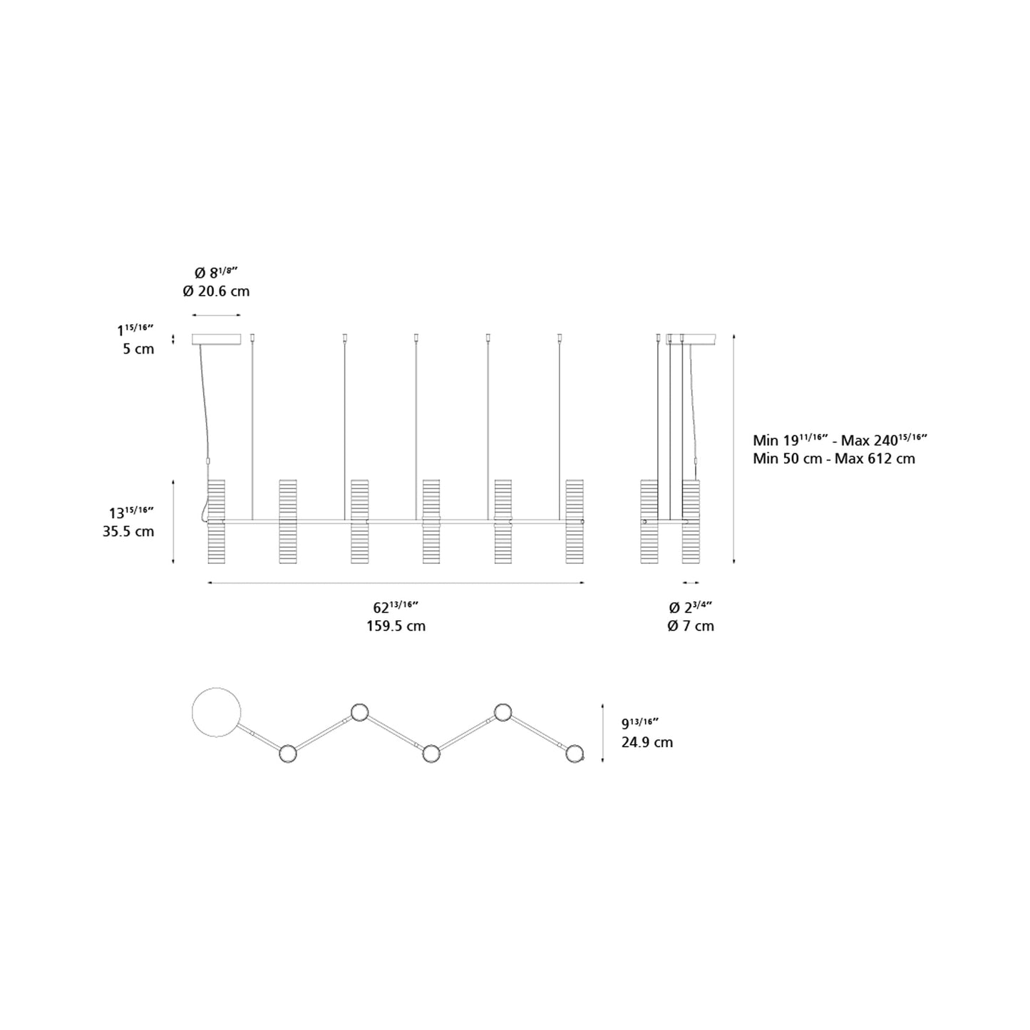 Zephyr Linear LED Pendant Light - line drawing.
