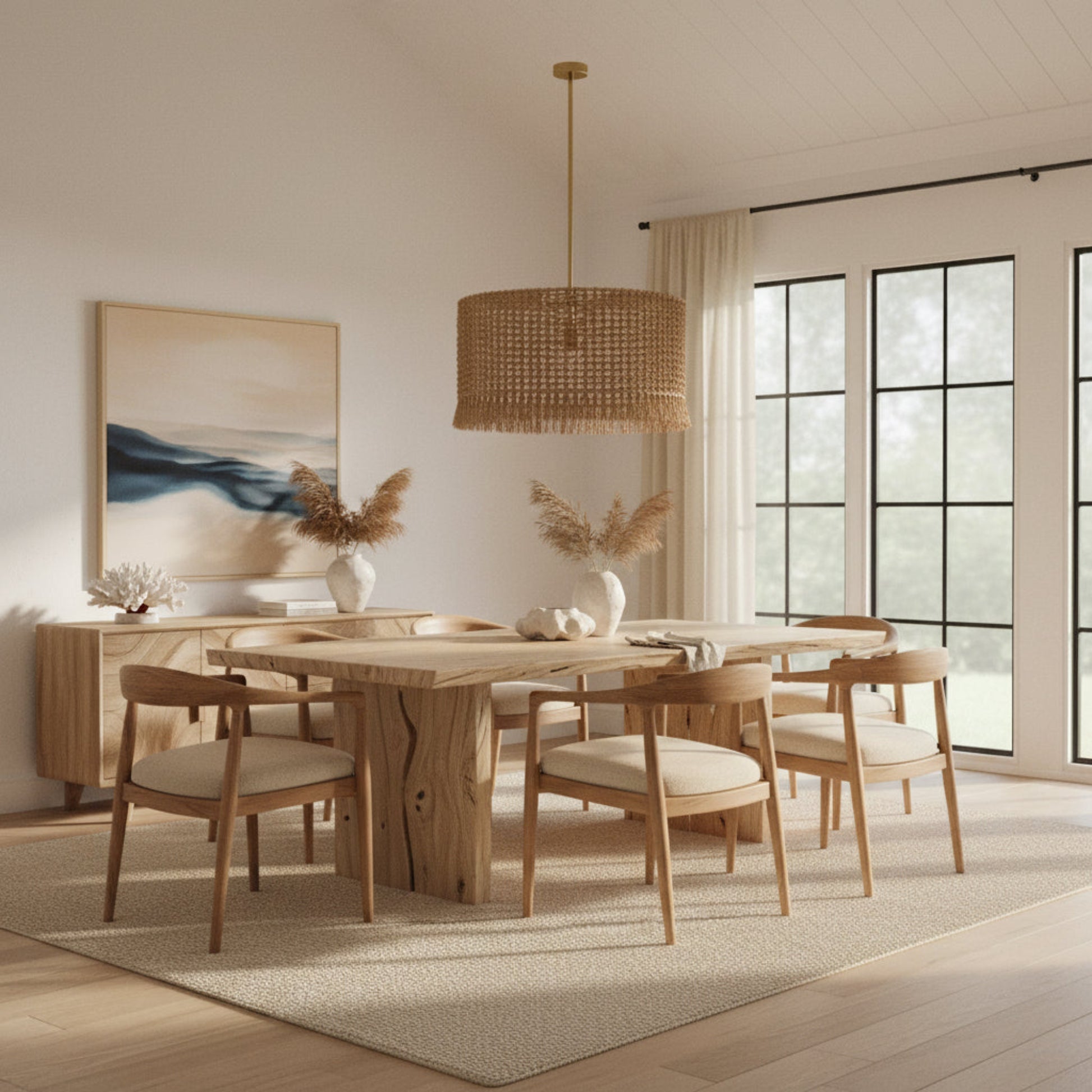 Dining room with wooden table and chairs, large window, and abstract painting.