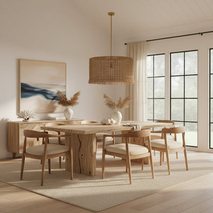 Dining room with wooden table and chairs, large window, and abstract painting.