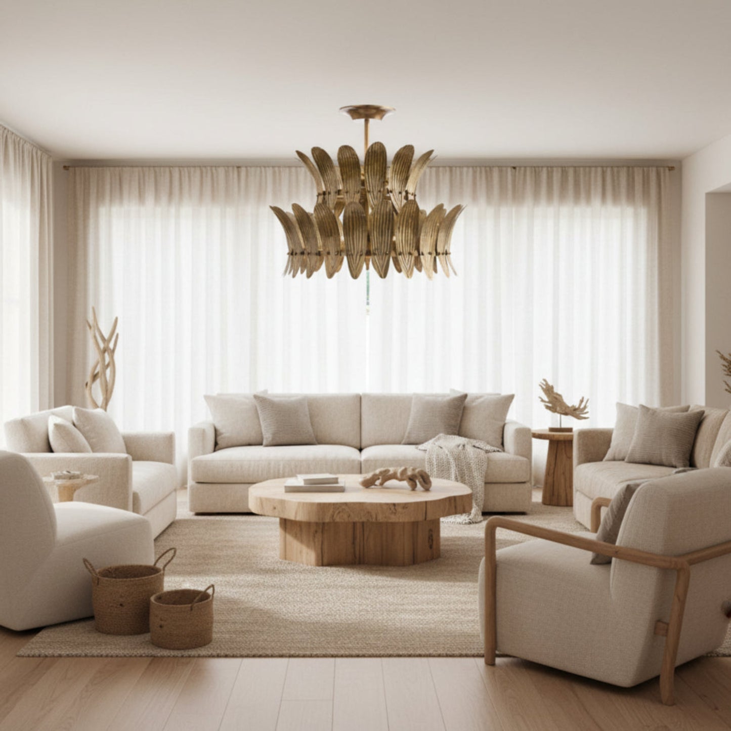 Modern living room with beige sofas, wooden coffee table, and chandelier.