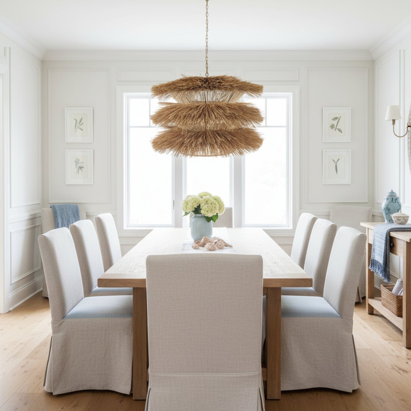Decorative hanging light fixture with natural straw-like material on a white background.