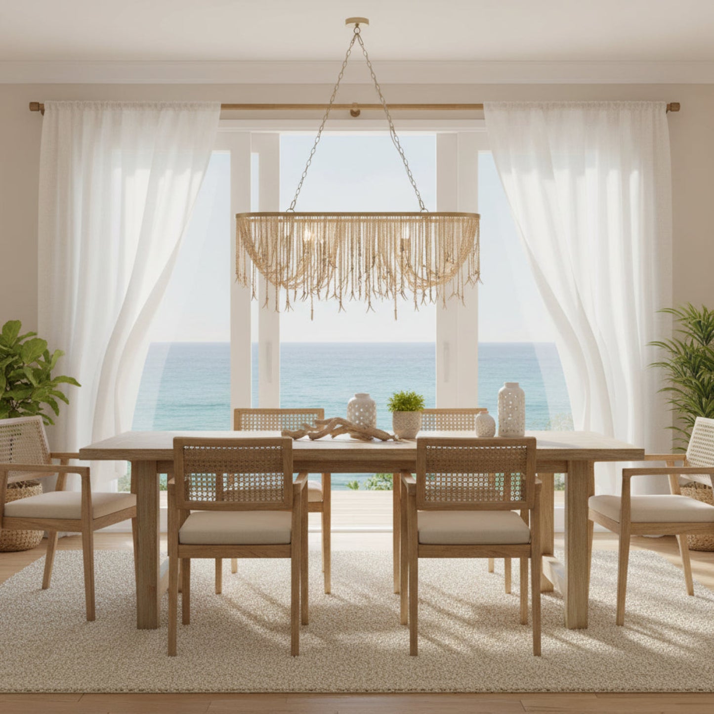 Dining area with wooden table and chairs by a large window with ocean view.