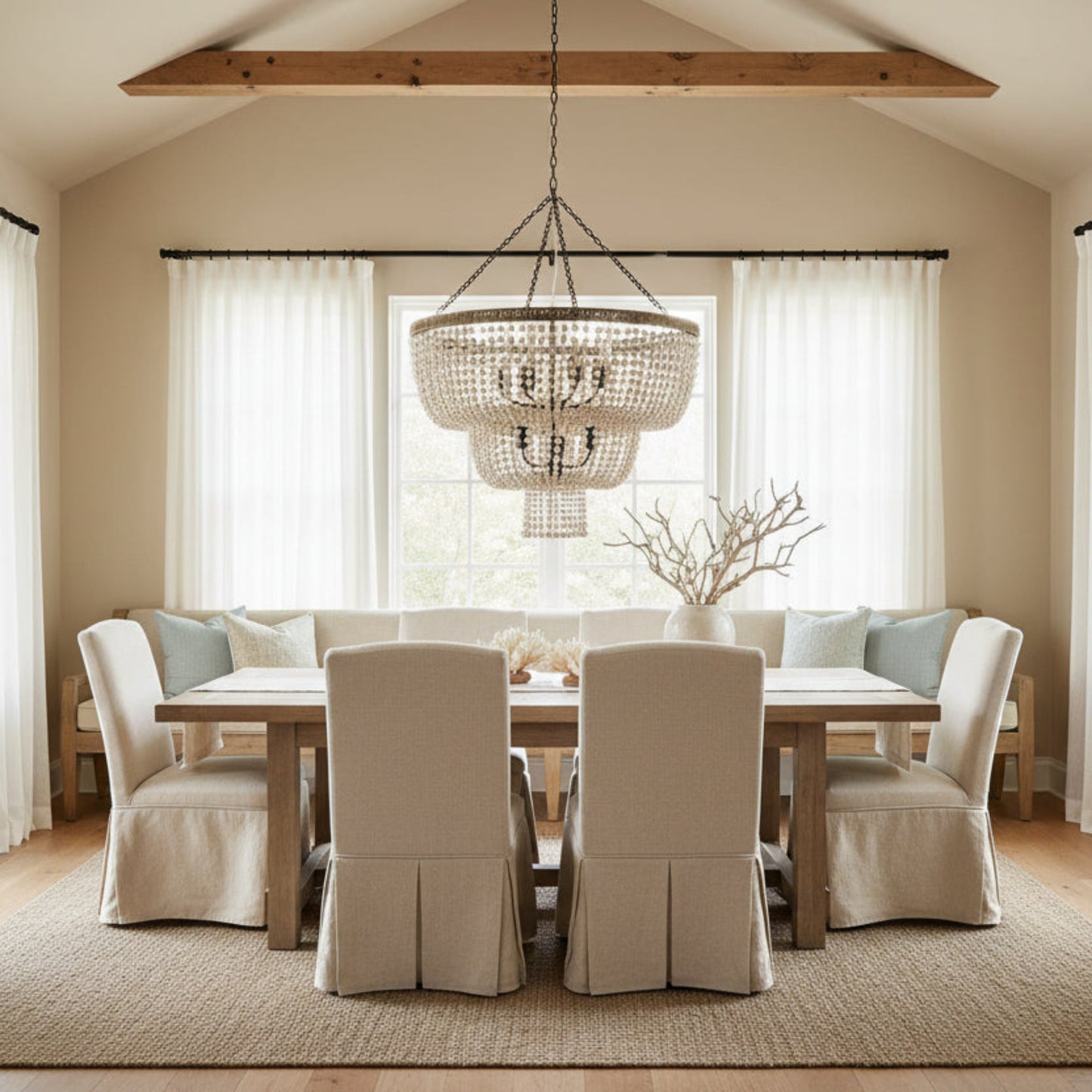 Beaded chandelier with wooden top and metal chain on a white background.
