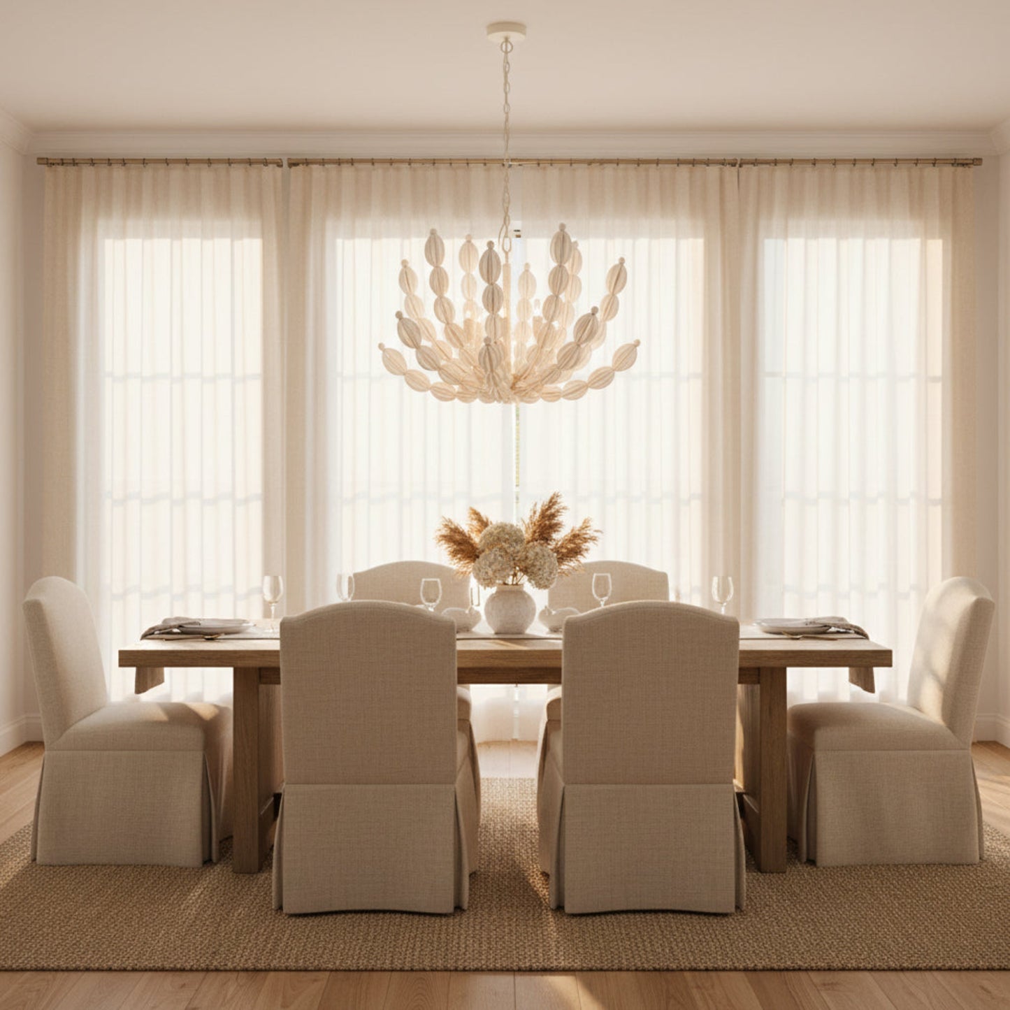 Dining room with a wooden table, beige chairs, and a chandelier.