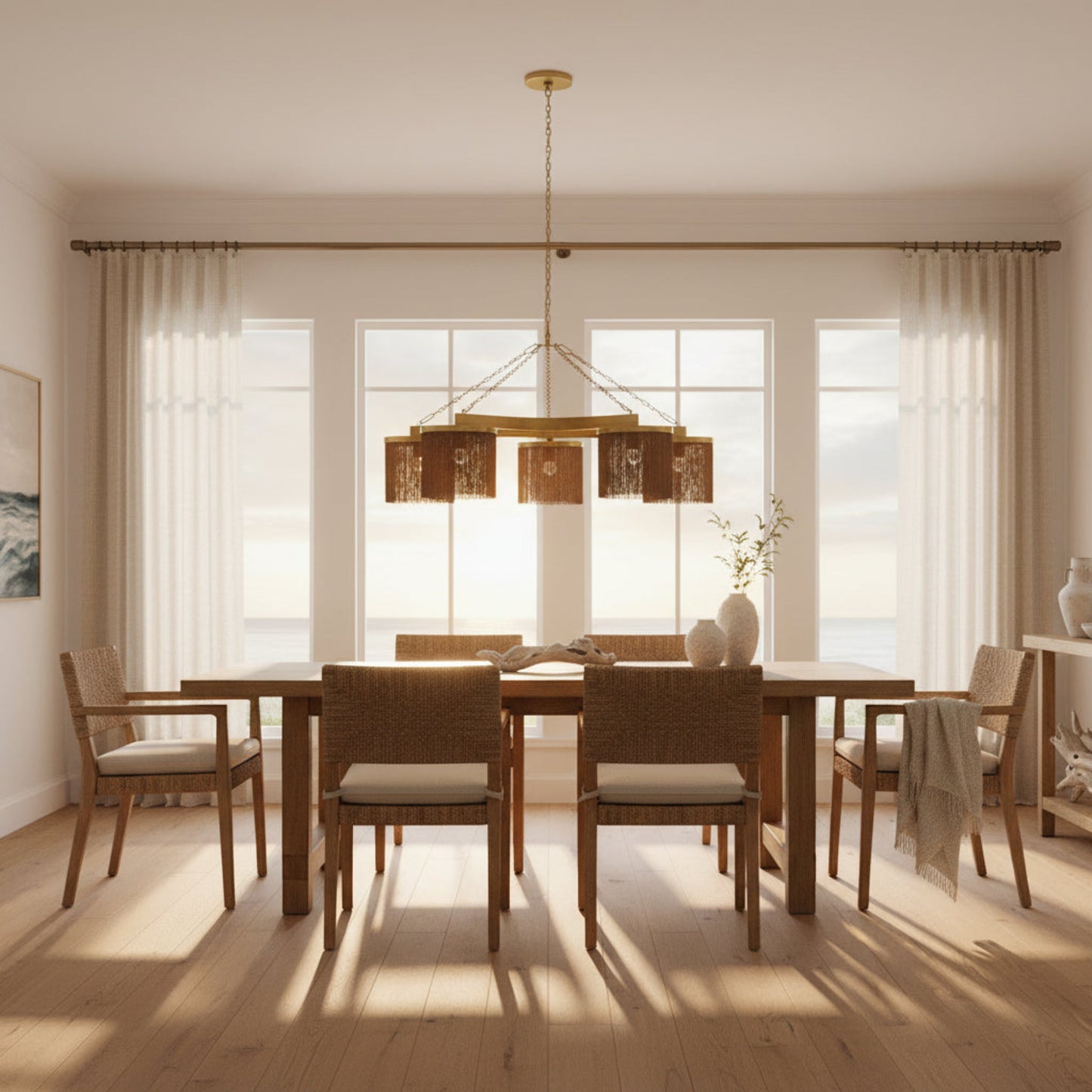 Dining room with wooden table and chairs, large windows, and a chandelier.
