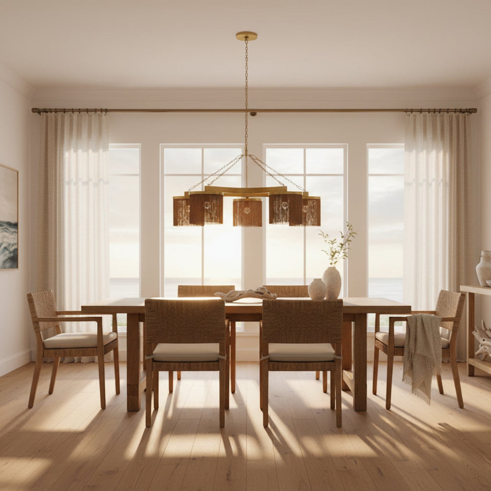 Dining room with wooden table and chairs, large windows, and a chandelier.