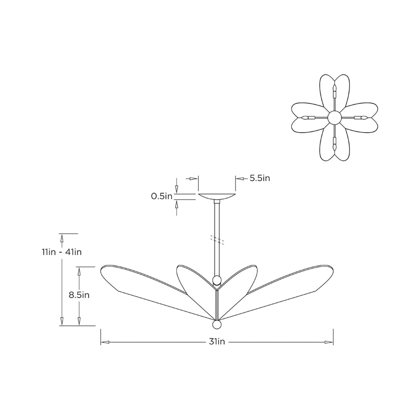 Lucinda Semi Flush Mount Ceiling Light - line drawing.
