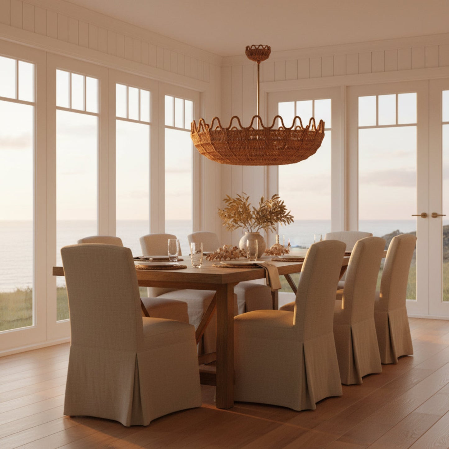 Dining room with wooden table and beige chairs near large windows with a view of the ocean.