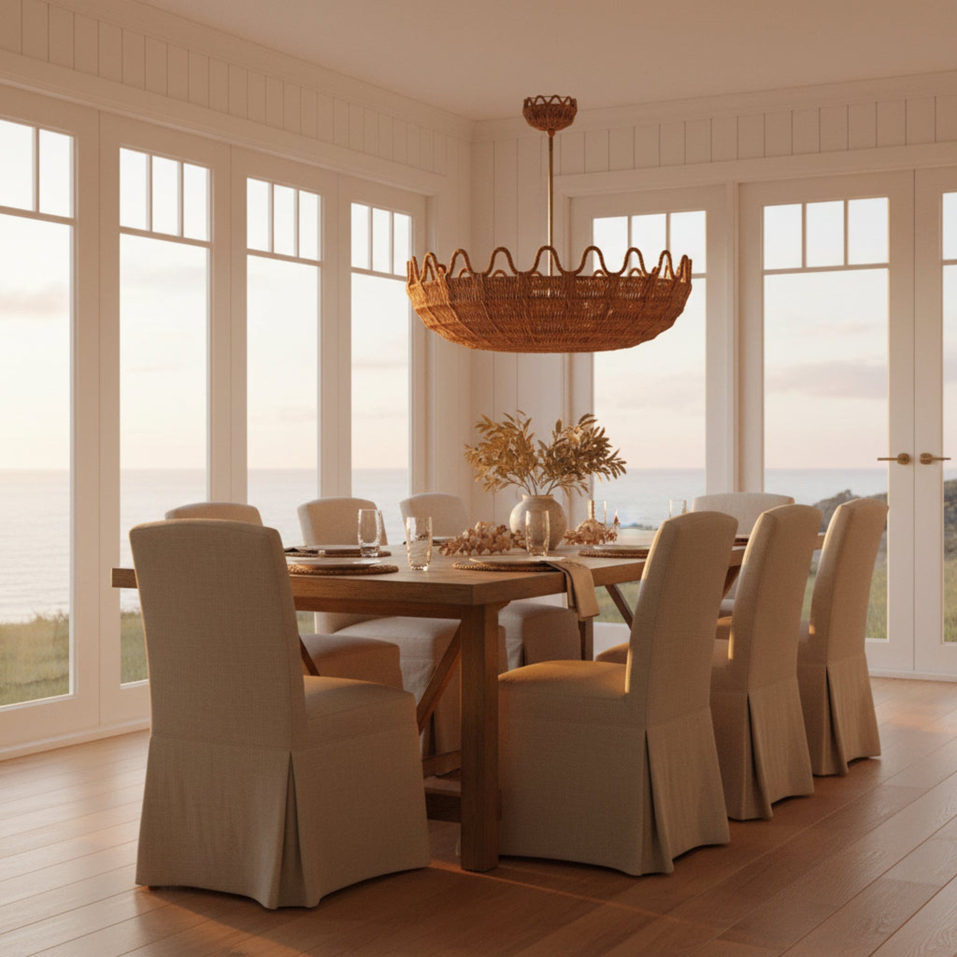 Dining room with wooden table and beige chairs near large windows with a view of the ocean.