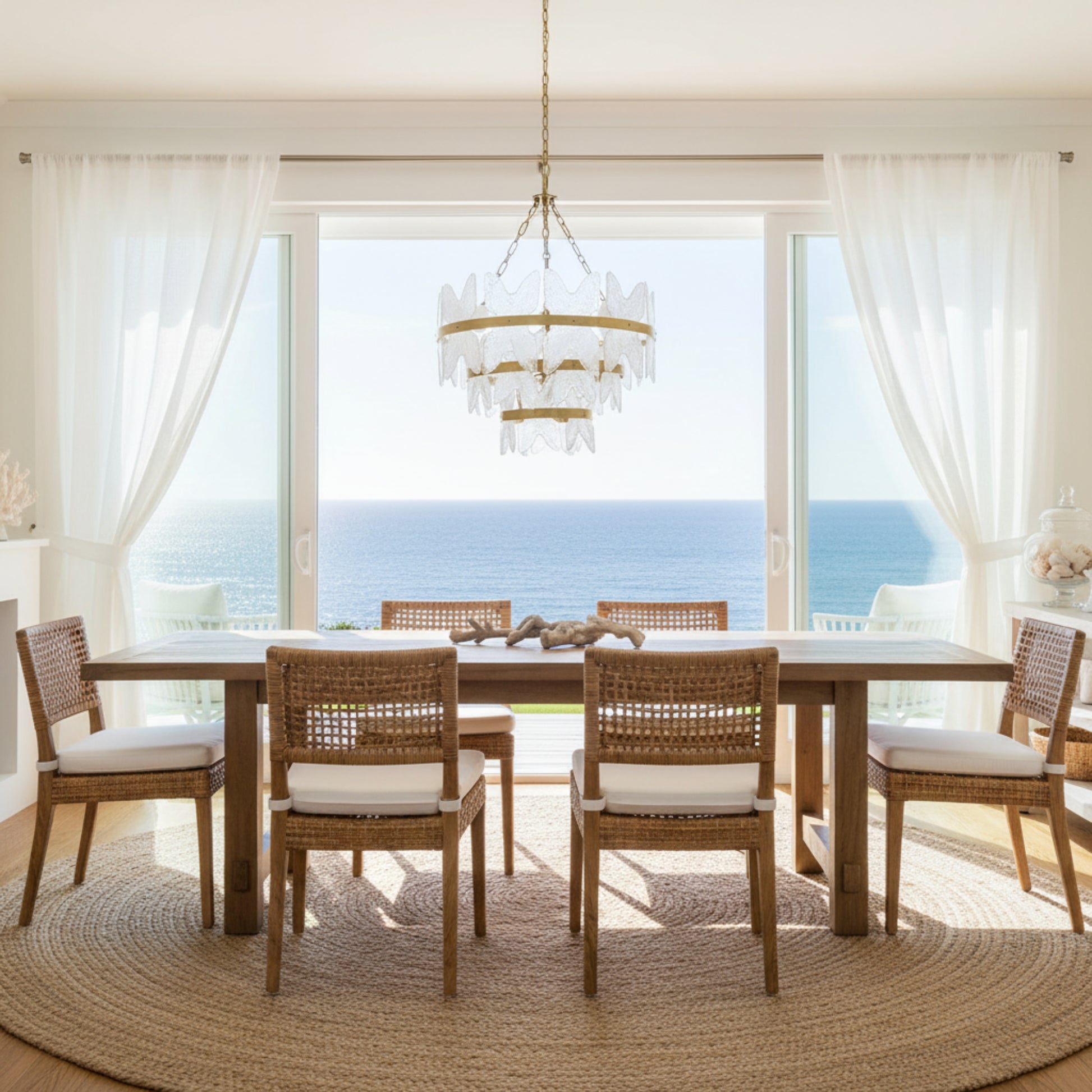 Chandelier with gold accents and clear glass elements on a white background.