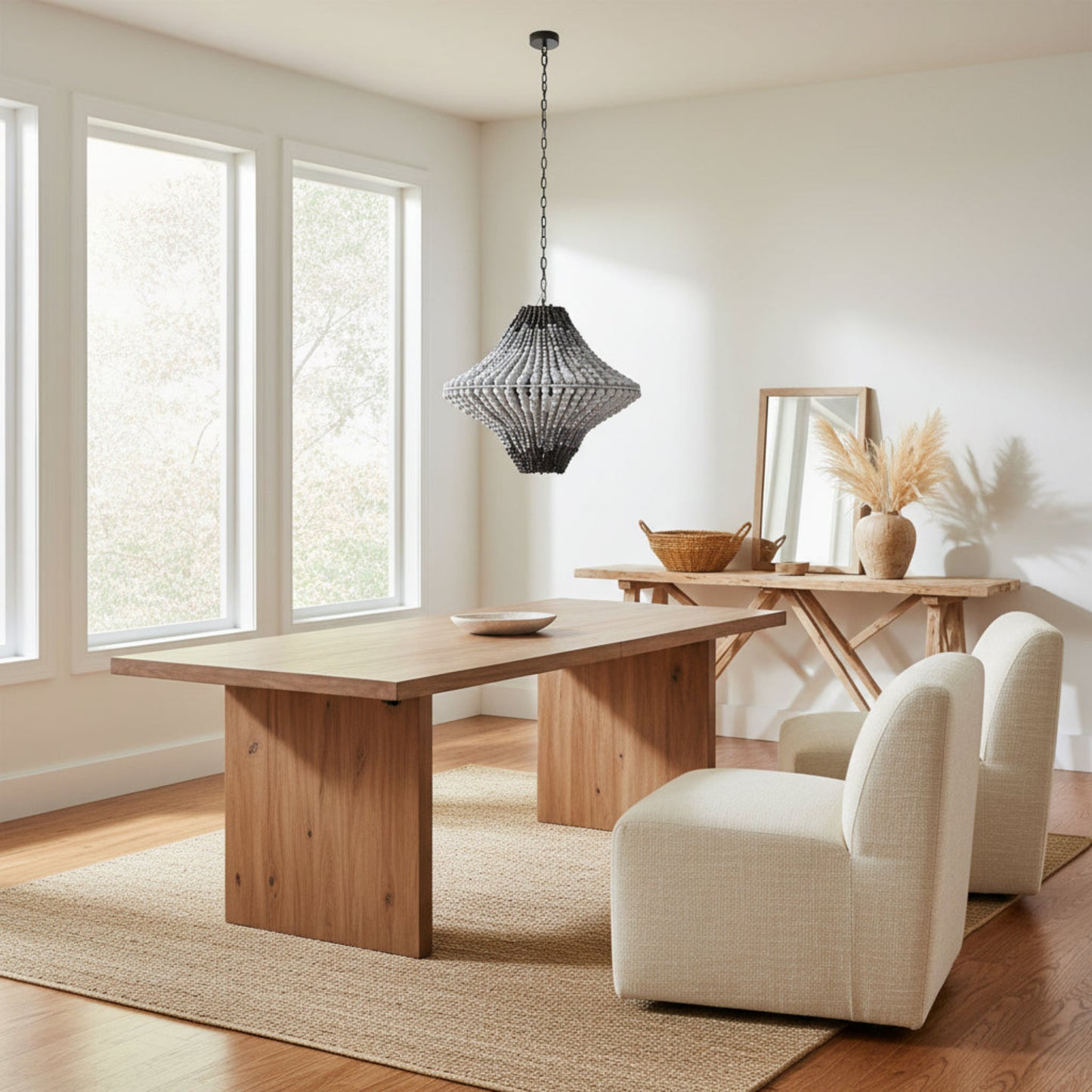 Modern dining room with wooden table, chair, and decorative elements.