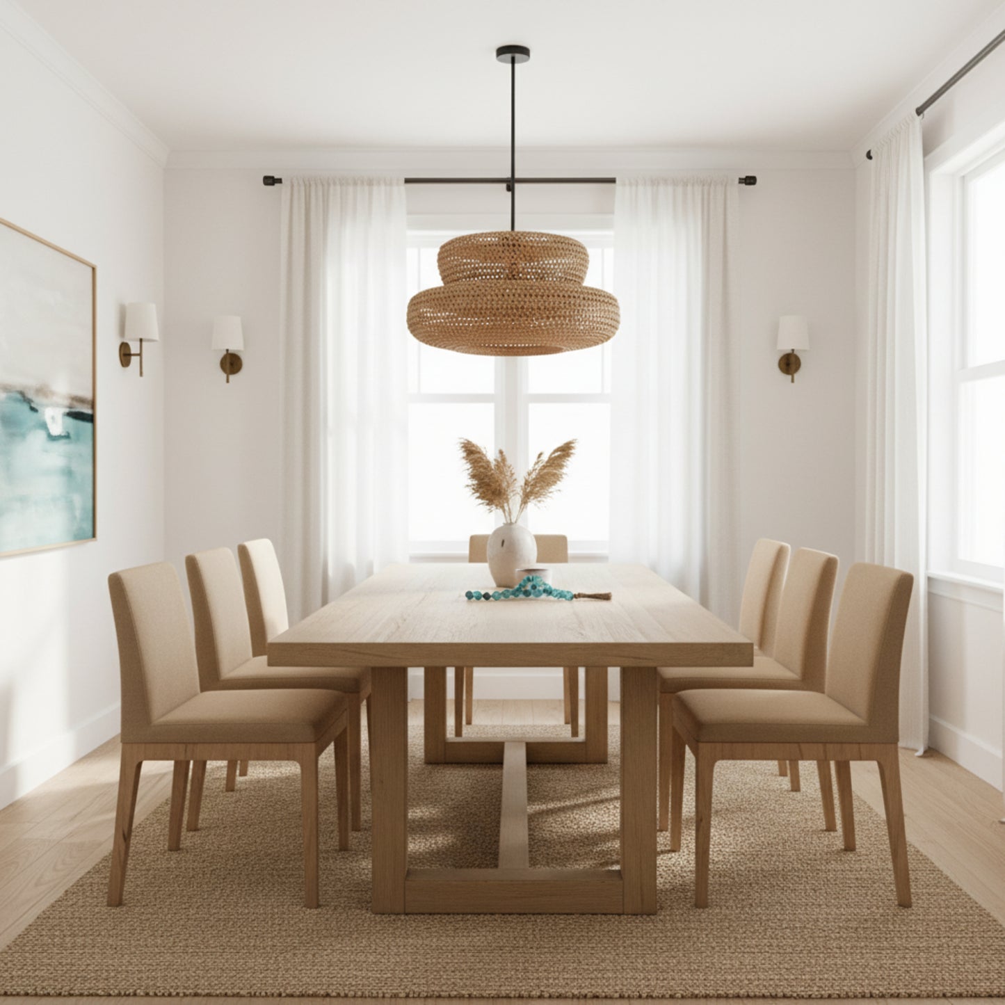 Woven pendant light with a black hanging fixture on a white background.
