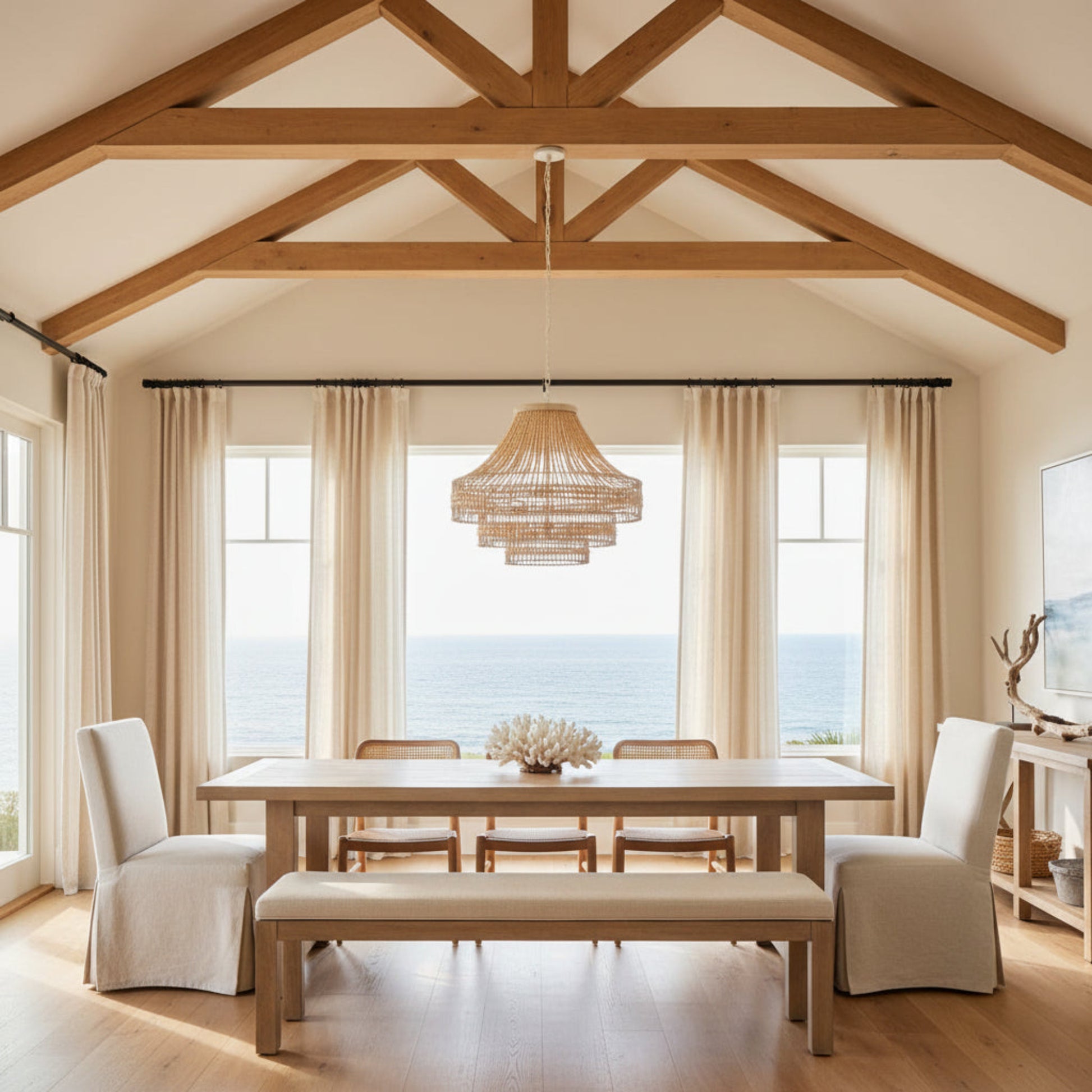 Dining room with wooden table, chairs, and a chandelier in a home with an open ceiling.