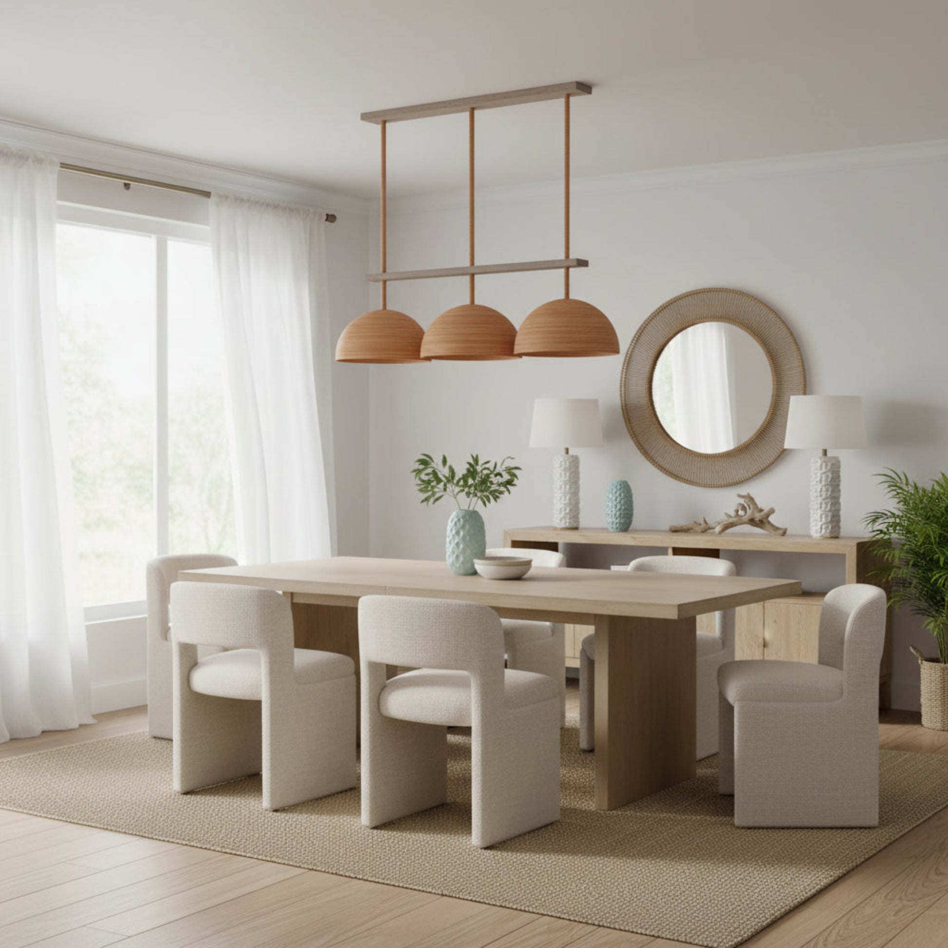 Modern dining room with wooden table, chairs, and pendant lights.