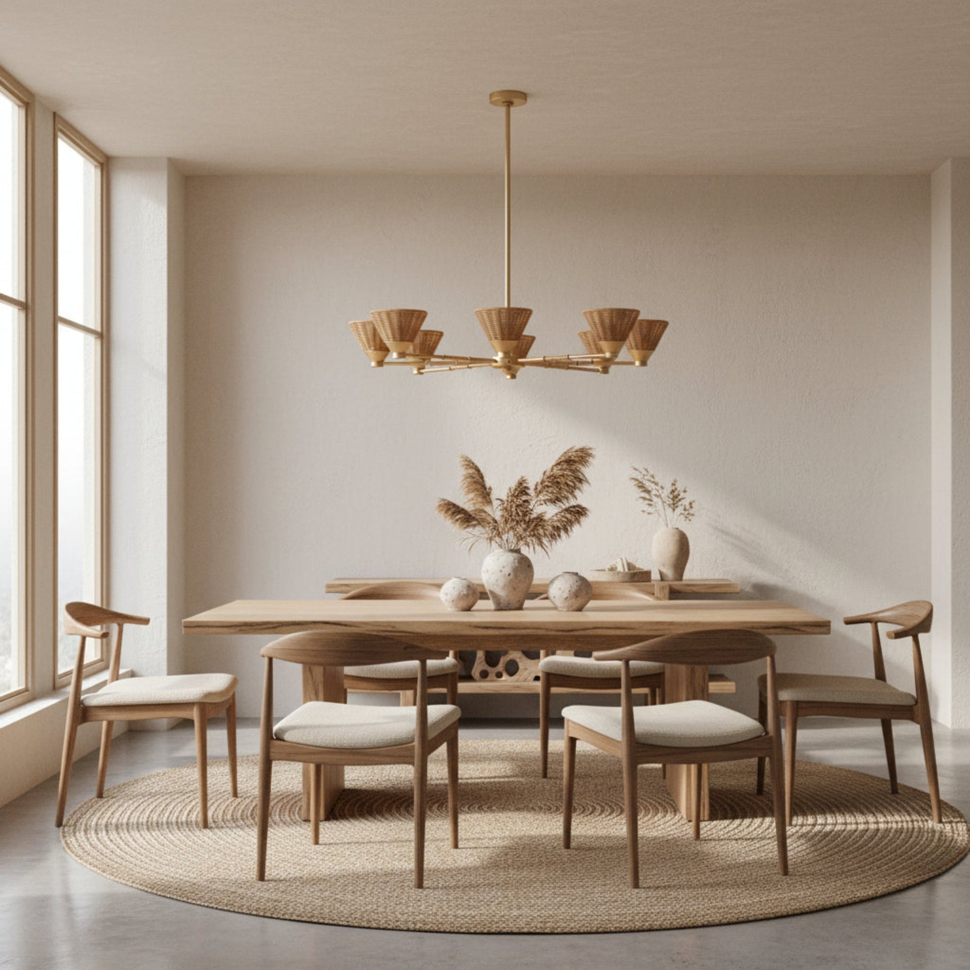 Dining room with wooden table and chairs, gold chandelier, and decorative plants.