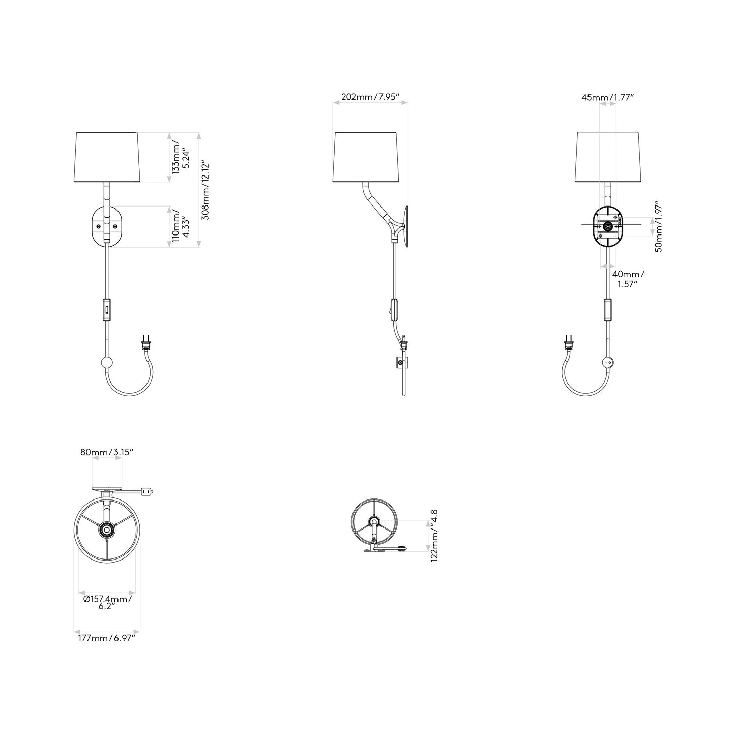 Arbor Plug-In Wall Light - line drawing.
