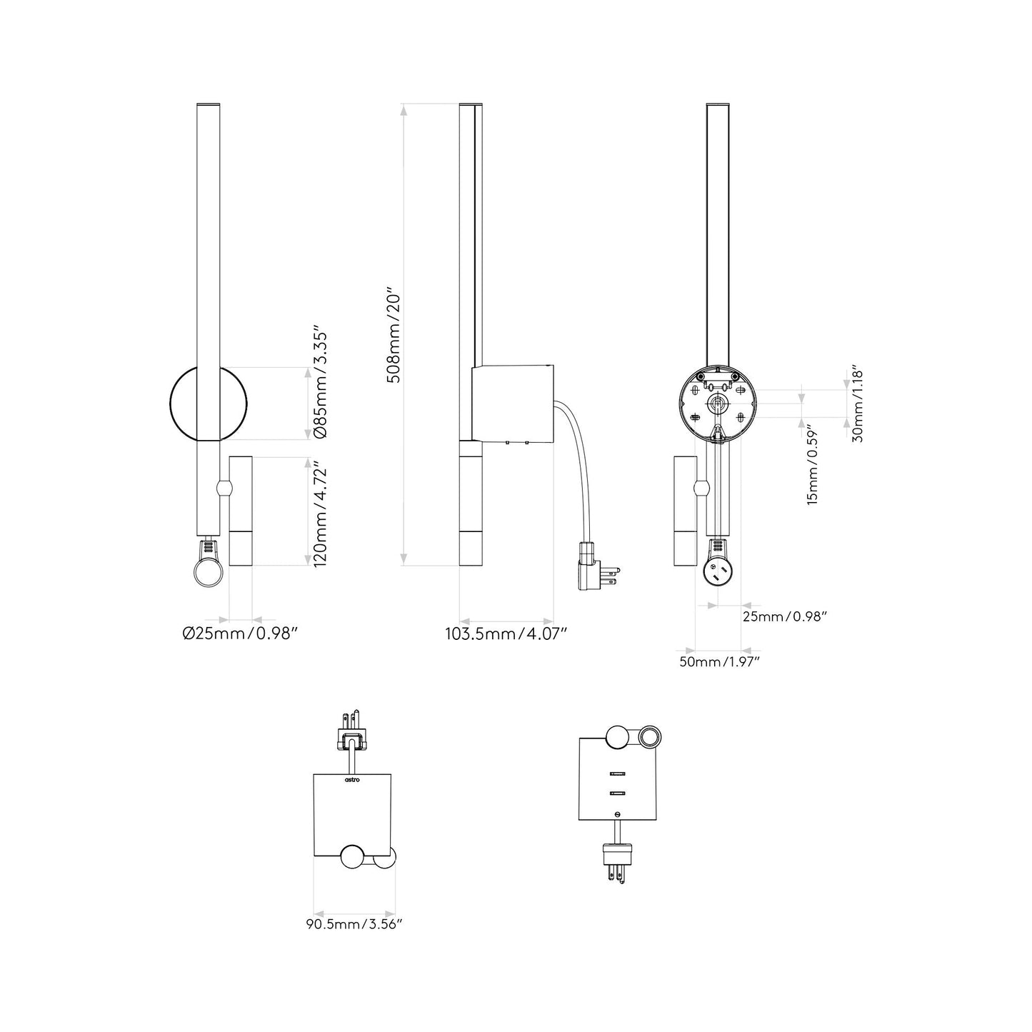 Baton Reader LED Wall Light - line drawing.