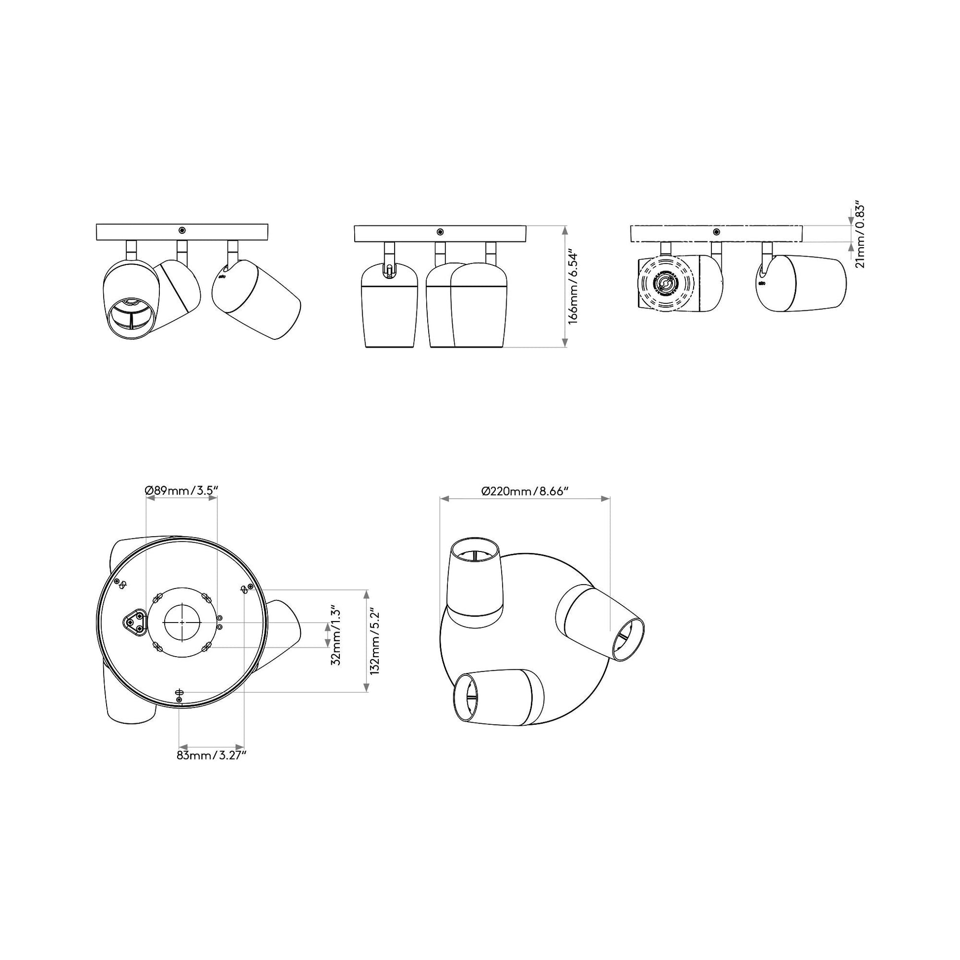 Koto Triple Round Spot Light - line drawing.