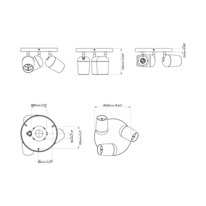 Koto Triple Round Spot Light - line drawing.