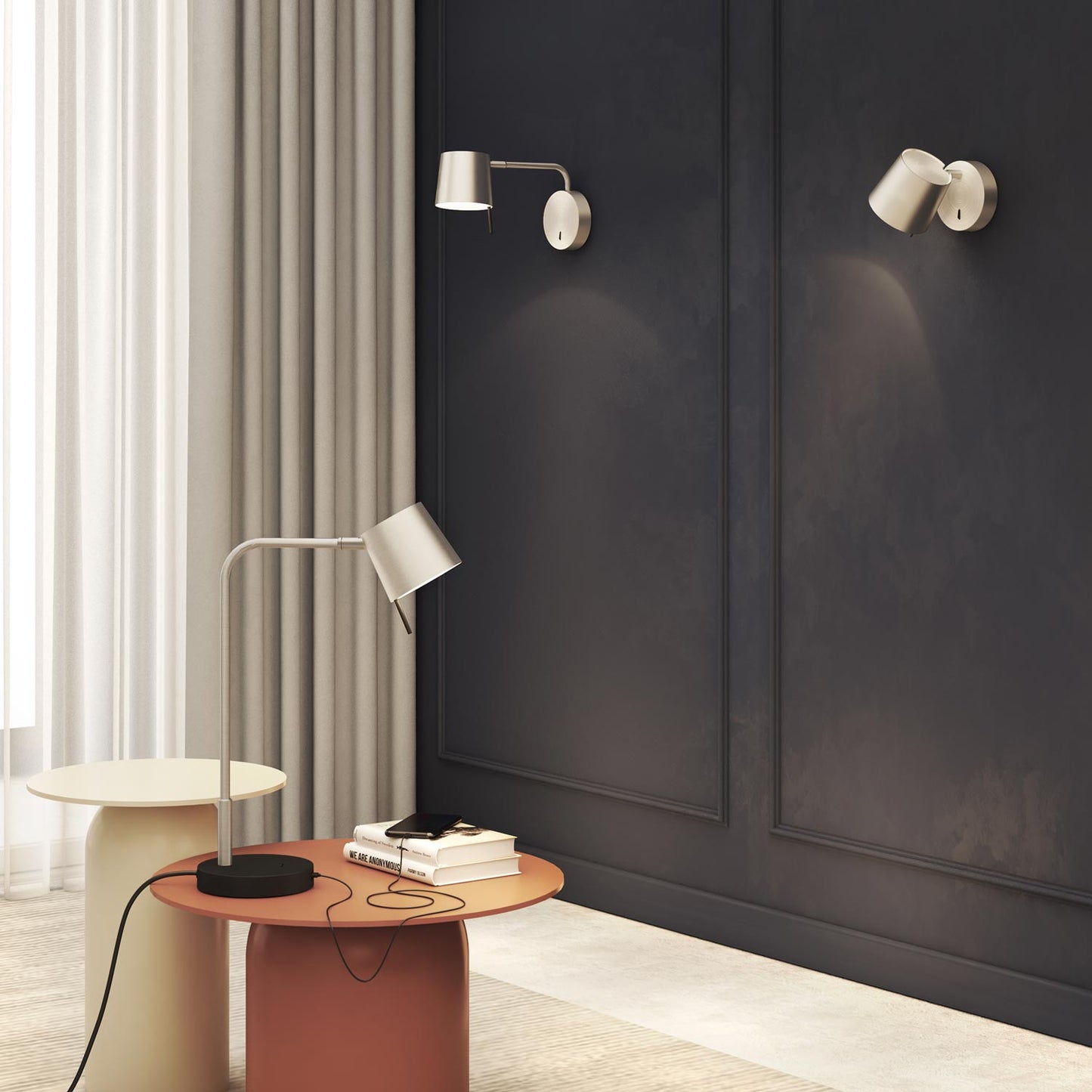 Miura LED Swing Arm Wall Light in living room.