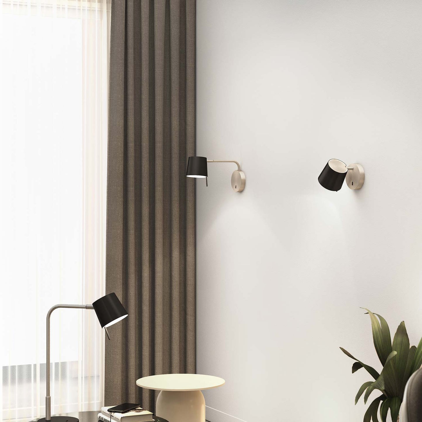 Miura LED Swing Arm Wall Light in living room.