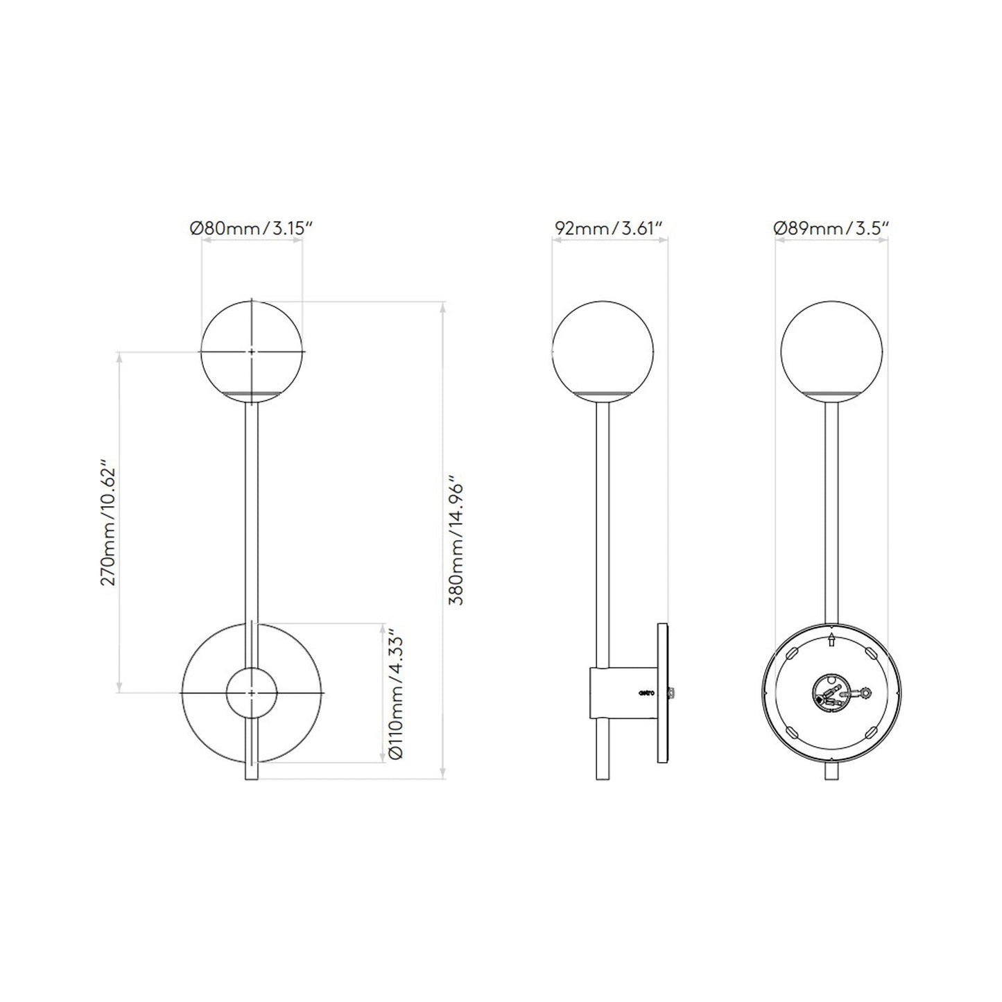 Orb Bath Wall Light - line drawing.