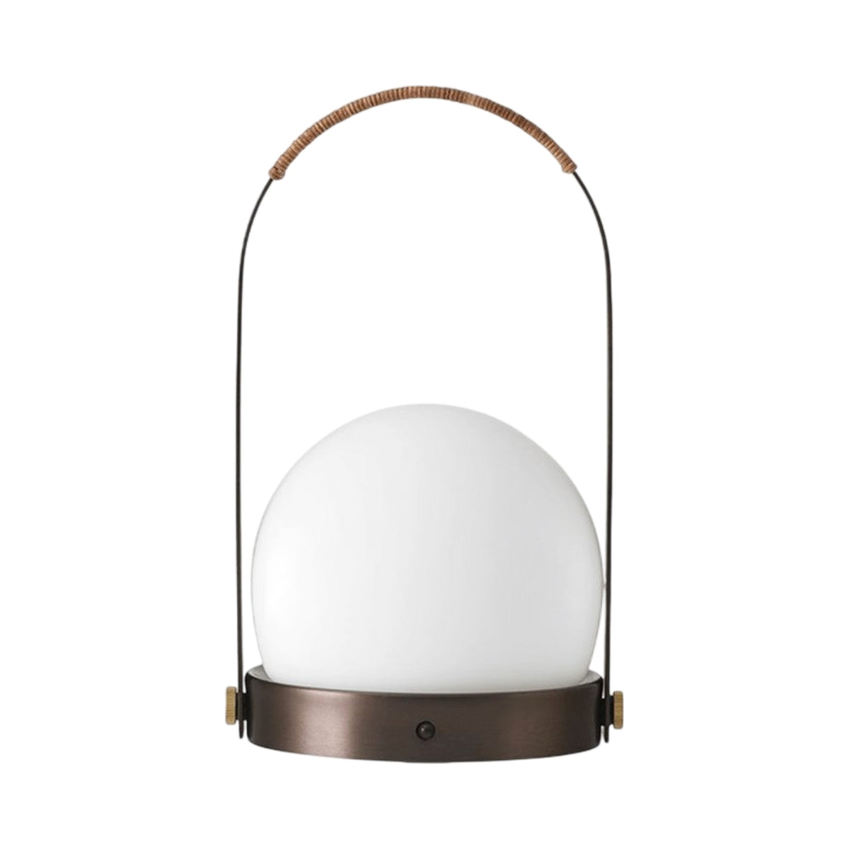 Carrie Outdoor LED Rechargeable Table Lamp in Bronzed Brass/Leather-wrapped.