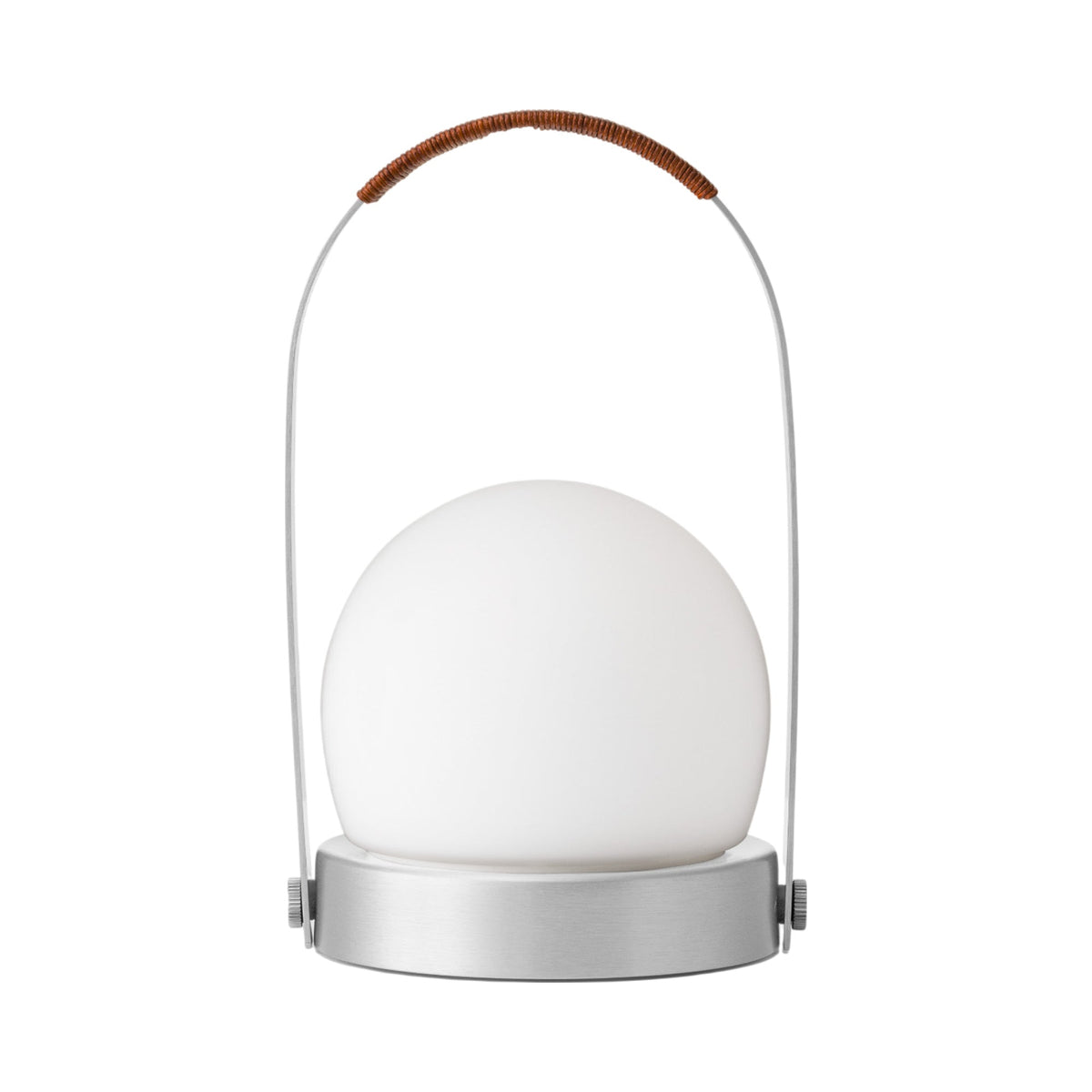 Carrie Outdoor LED Rechargeable Table Lamp in Brushed Aluminum/Leather-wrapped.
