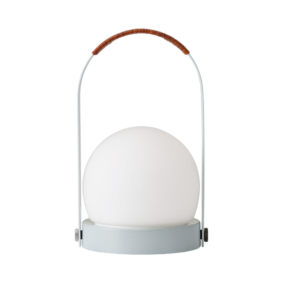 Carrie Outdoor LED Rechargeable Table Lamp in Linen Blue/Leather-wrapped.