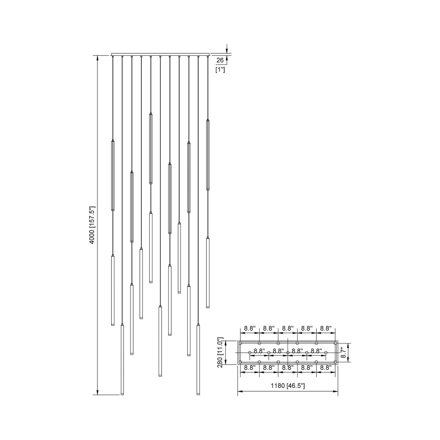 Filmore Ave. Linear Pendant Light - line drawing.