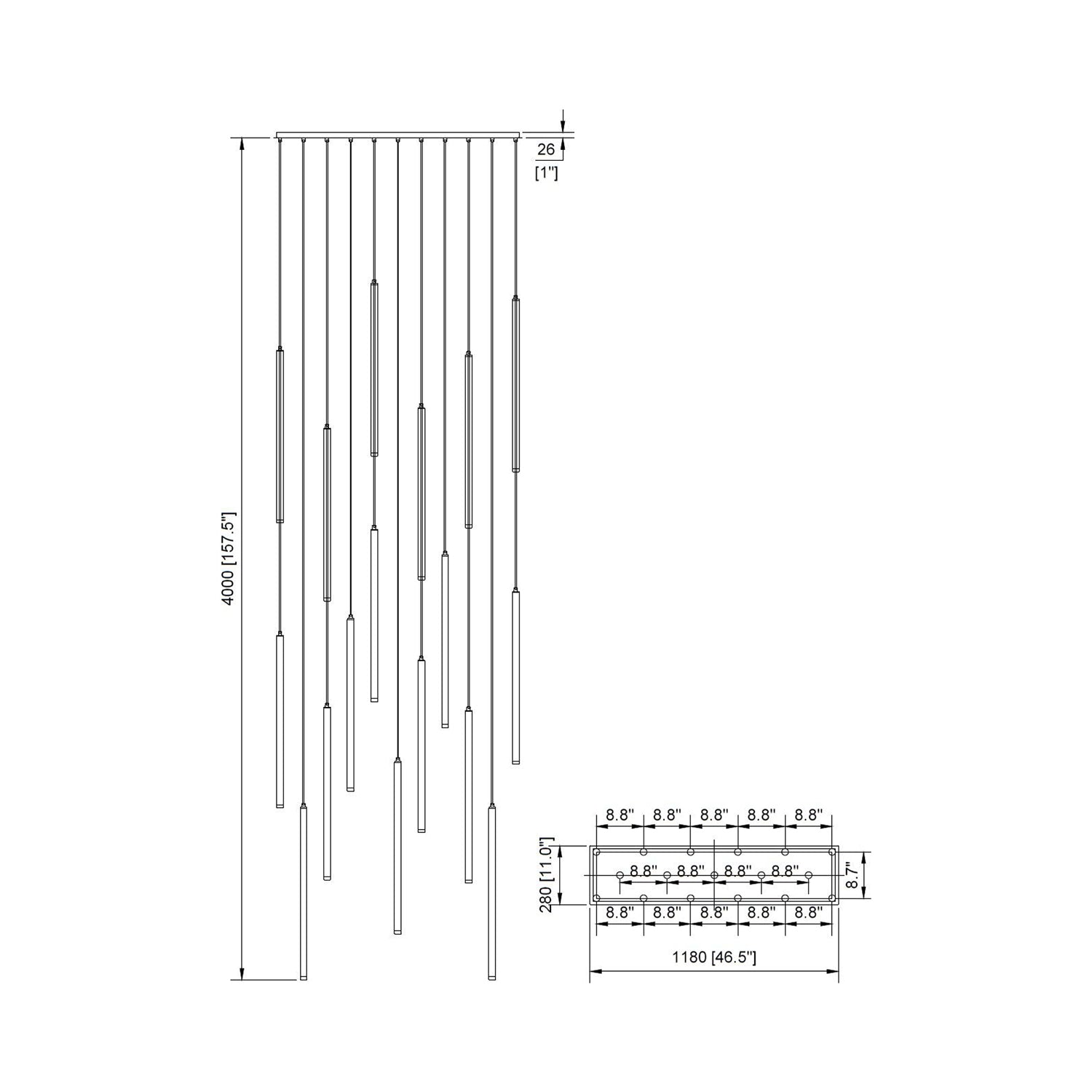 Filmore Ave. Linear Pendant Light - line drawing.