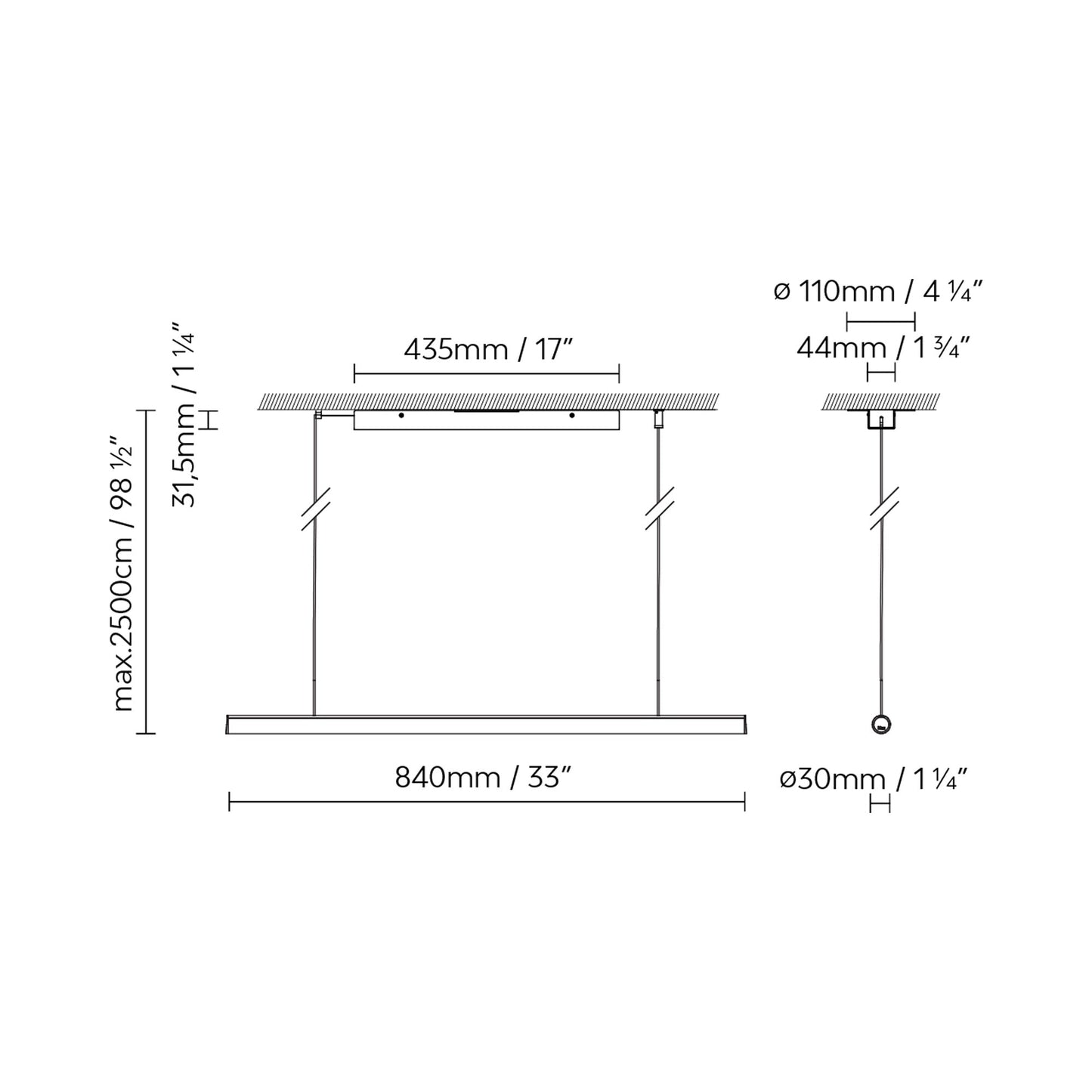 Blokinline Linear LED Pendant Light - line drawing.